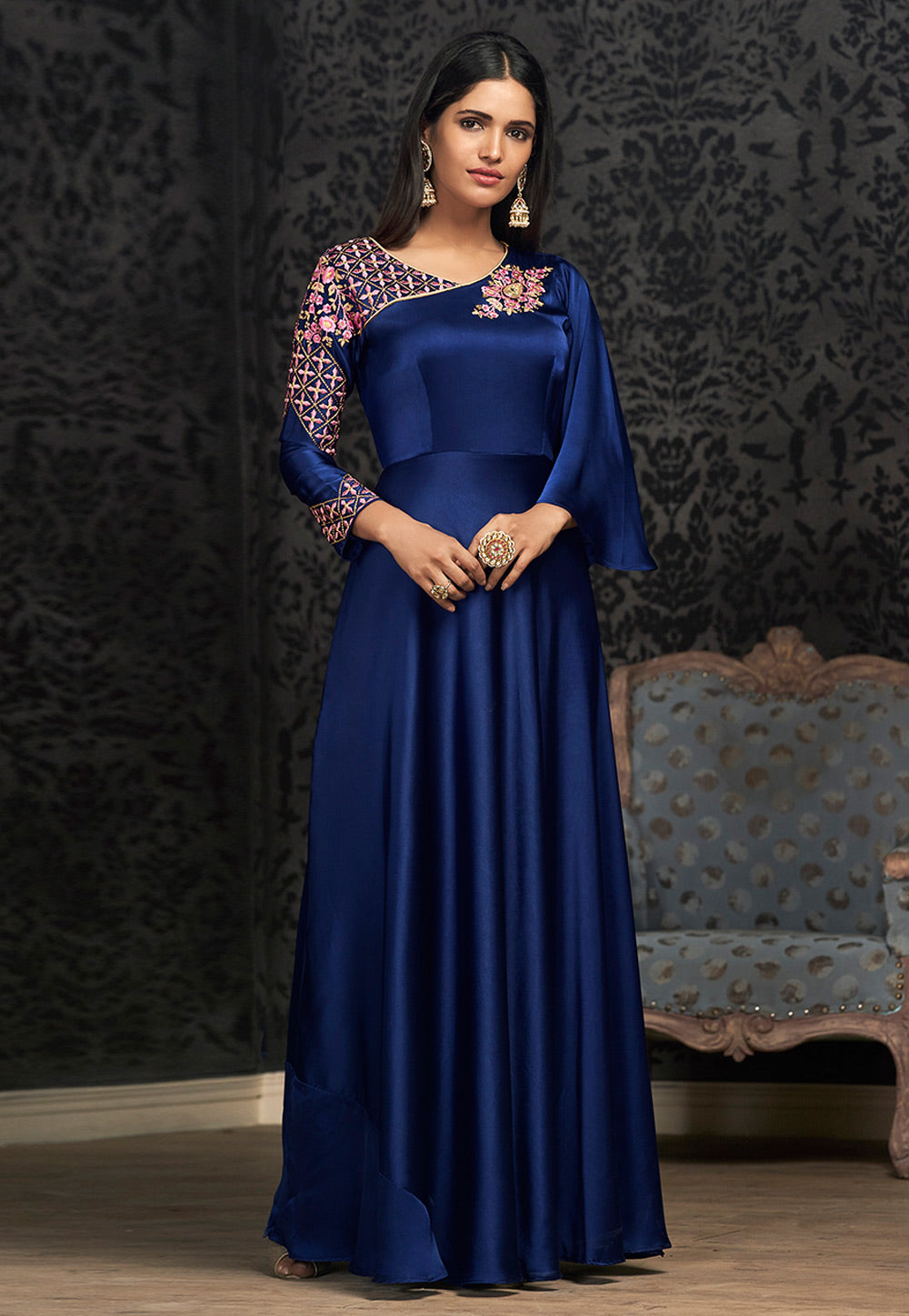 Blue Georgette Readymade Party Wear Gown
