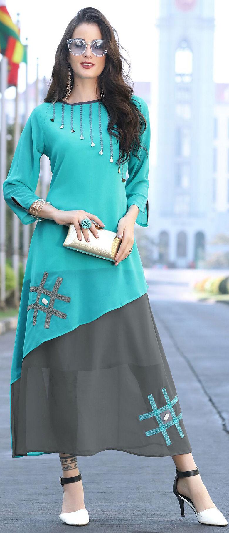 Stylish Teal Blue-Gray Colored Designer Partywear Embroidered Georgette Kurti
