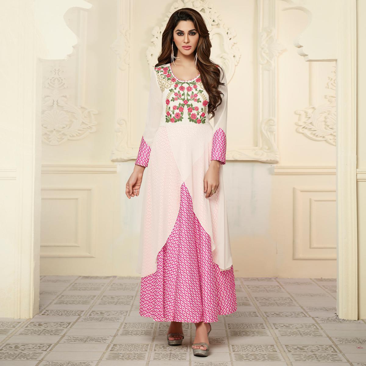Attractive White-Pink Colored Partywear Embroidered Satin-Georgette Long Kurti