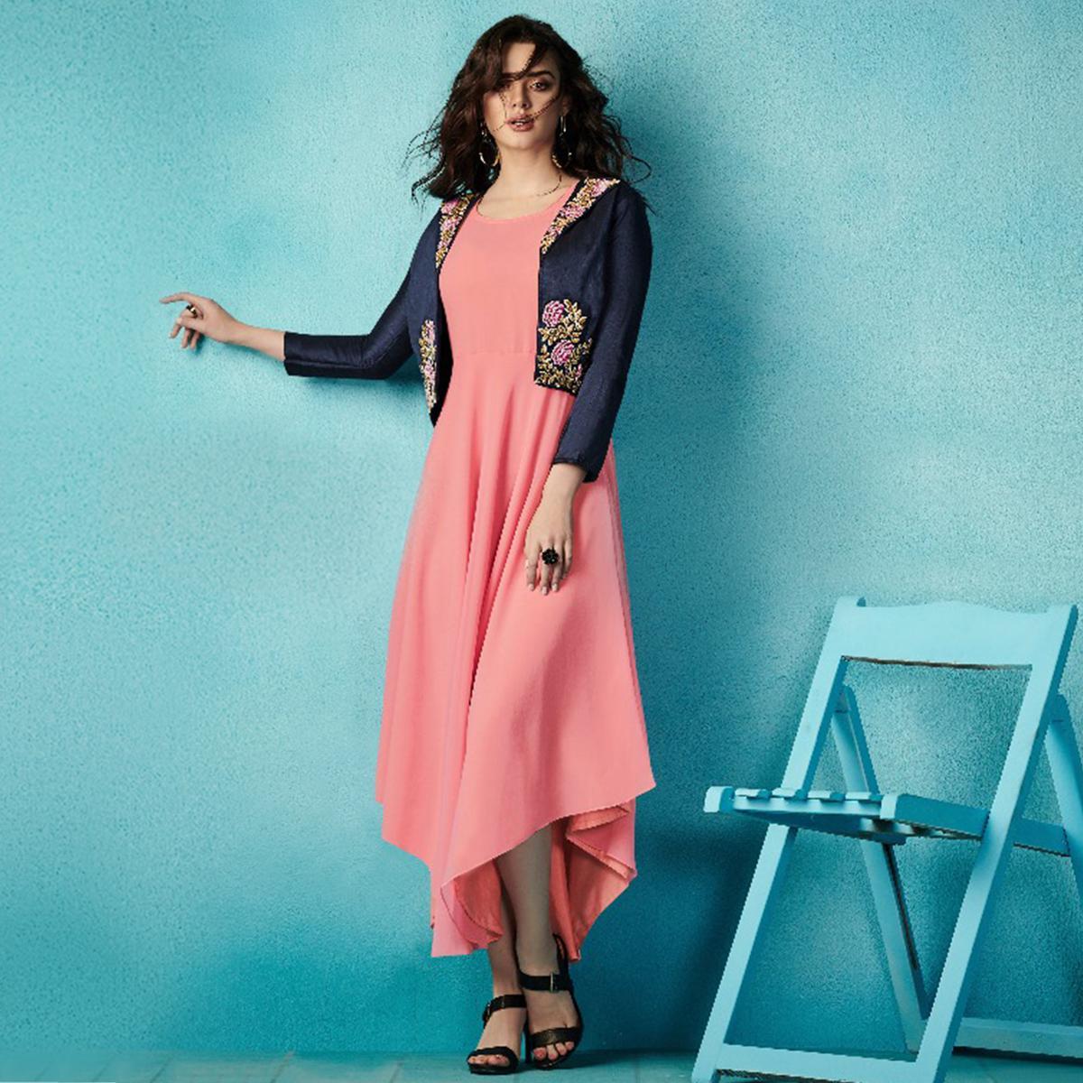 Majesty Pink-Blue Colored Embroidered Party Wear Faux Georgette Kurti