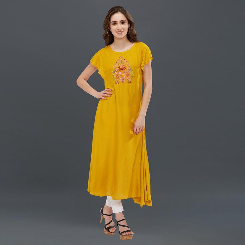 Blooming Yellow Colored Partywear Embroidered Long Kurti