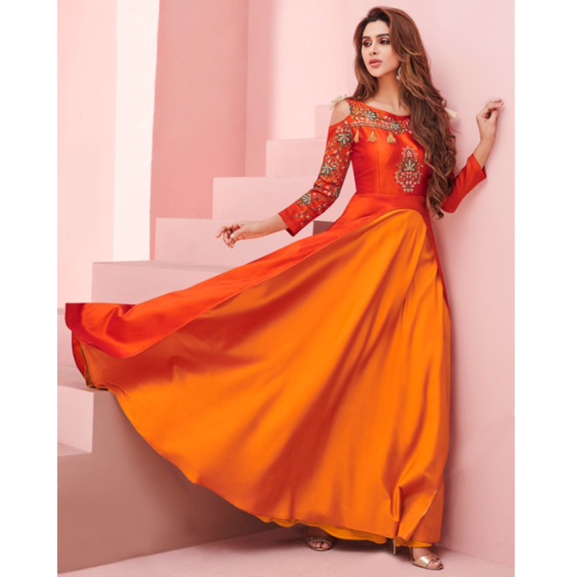 Glowing Orange Colored Party Wear Embroidered Tapeta - Satin Gown