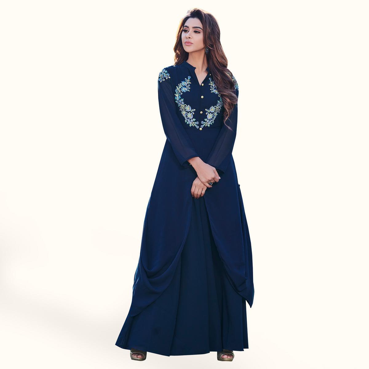 Excellent Navy Blue Colored Party Wear Embroidered Georgette Kurti
