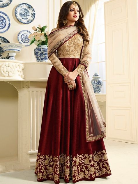 Drashti Dhami Red Banglory Silk Embroidery Semi Stitched Long Anarkali Suit