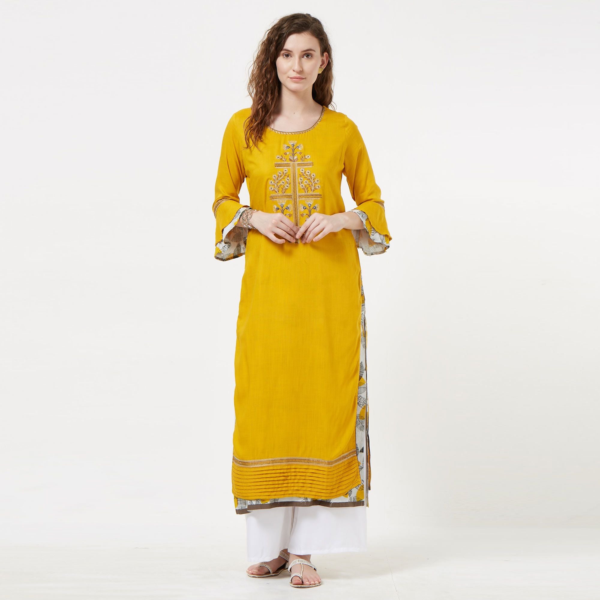 Blissful Yellow Colored Partywear Embroidered Cotton Long Kurti