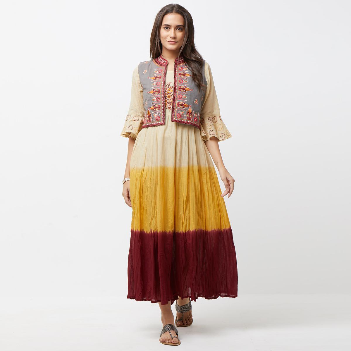 Gleaming Yellow-Maroon Colored Partywear Embroidered Long Kurti With Koti