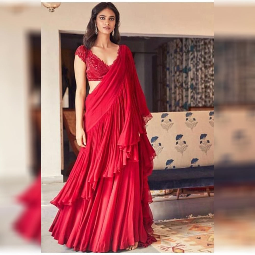 Ruffle Saree Red Color Georgette Embroidery Frill Saree