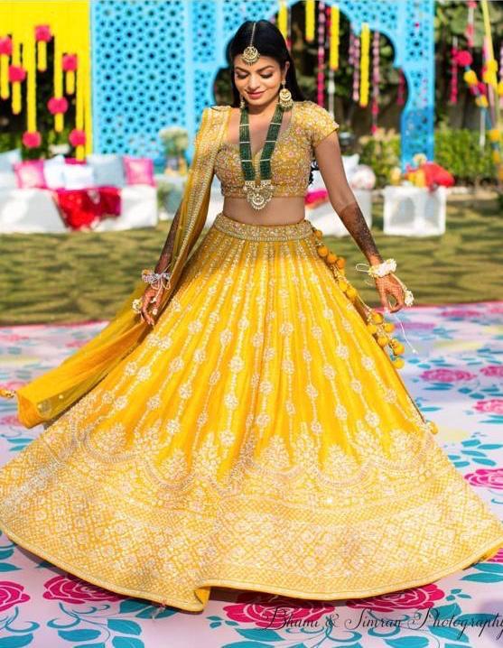 Amazing Yellow Color Tapeta Silk Wedding Lehenga Choli