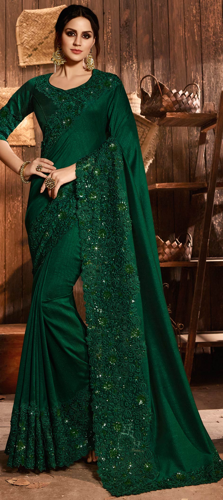 Art Silk Bollywood Saree in Green with Resham work