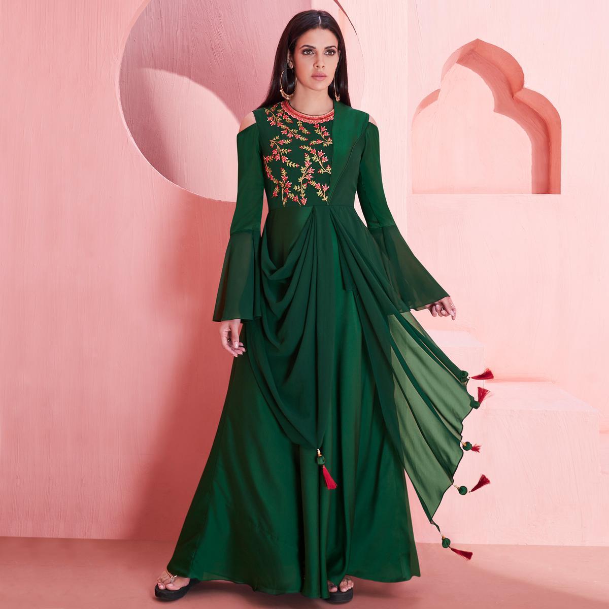 Refreshing Dark Green Colored Partywear Embroidered Georgette Gown