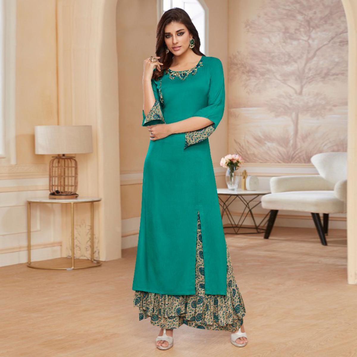 Unique Turquoise Green Colored Casual Wear Embroidered Rayon Kurti-Palazzo Set