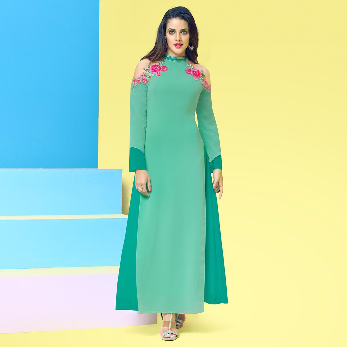 Desirable Turquoise Green Colored Party Wear Floral Embroidered Georgette Kurti
