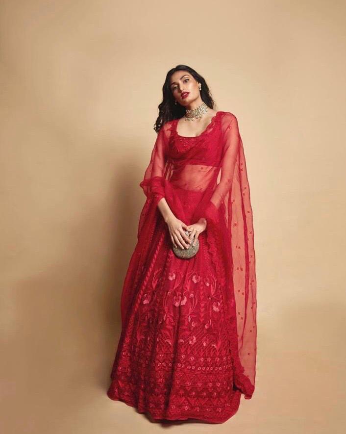 Athiya Shetty Perfect Red Heavy Embroidery Party Wear Bollywood Lehenga Choli