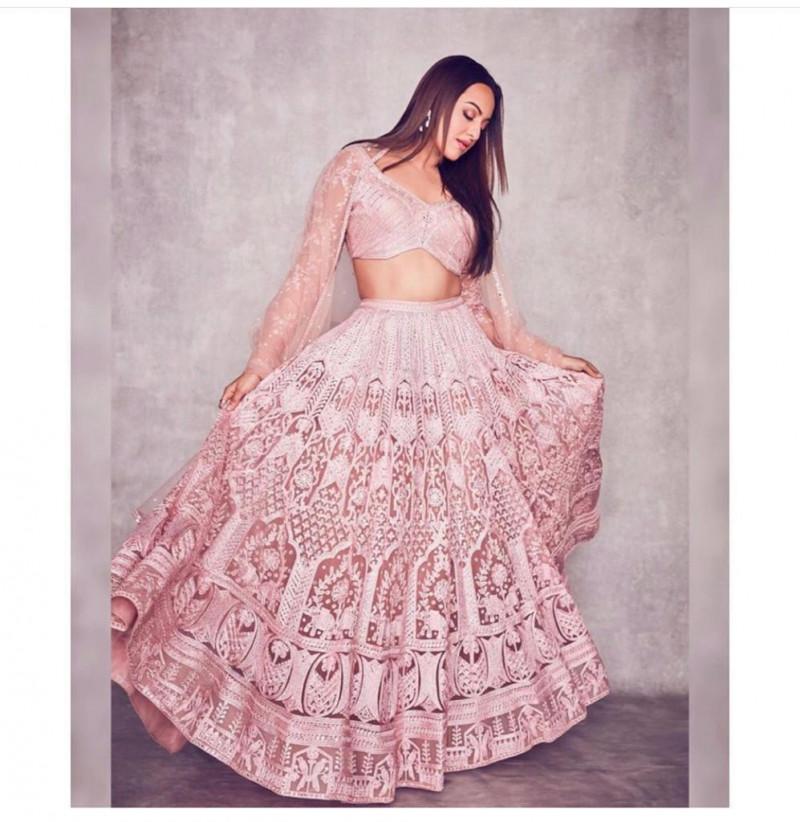 Latest Sonakshi Sinha Pink Color Party Wear Designer Bollywood Lehenga Choli