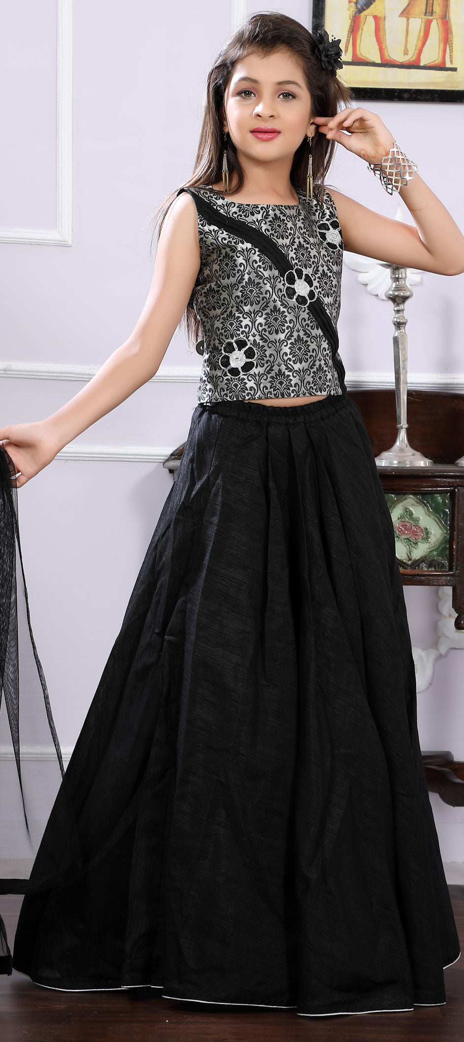 Art Silk Kids Lehenga in Black and Grey with Patch work