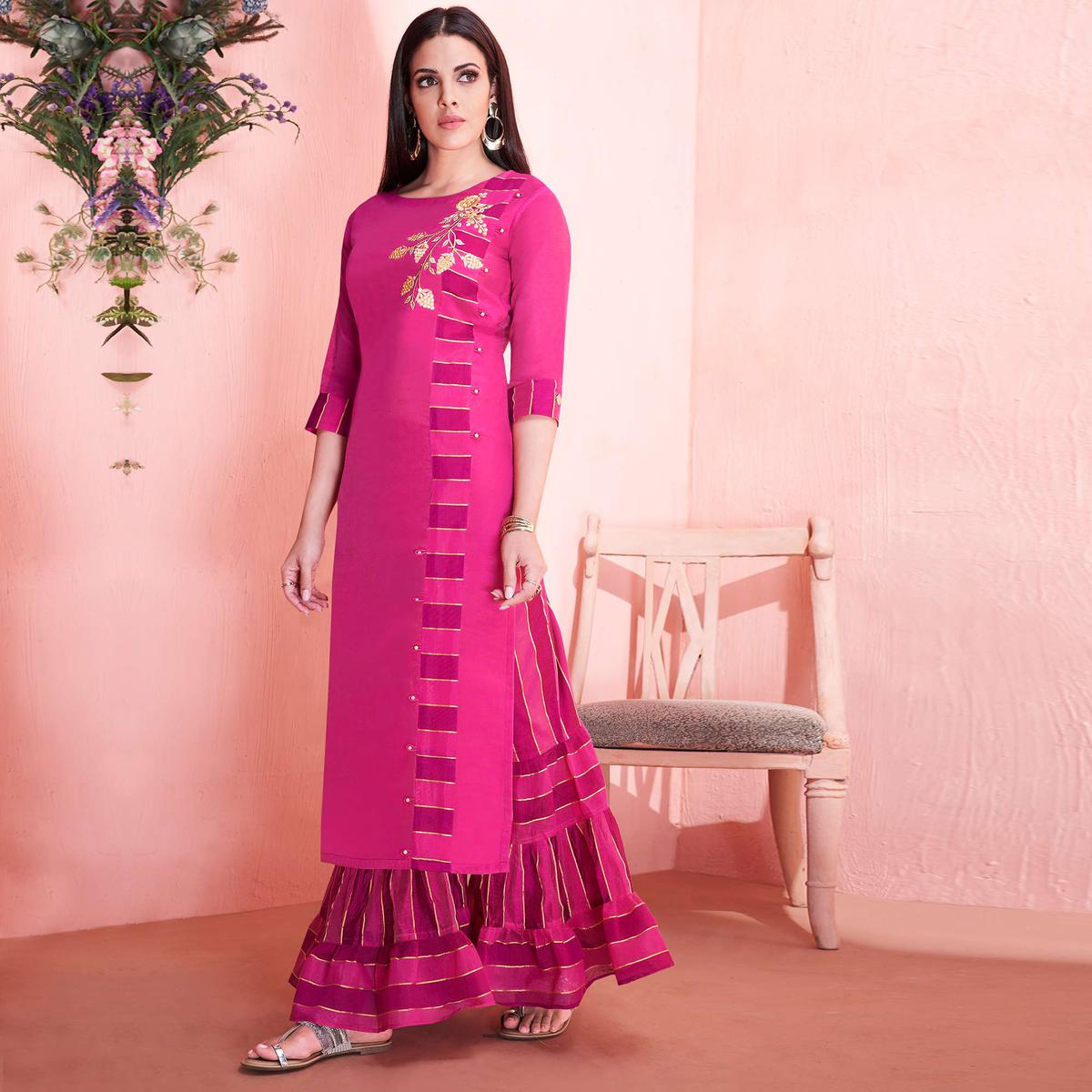 Appealing Dark Pink Colored Partywear Embroidered Modal Silk Kurti-Sharara Set
