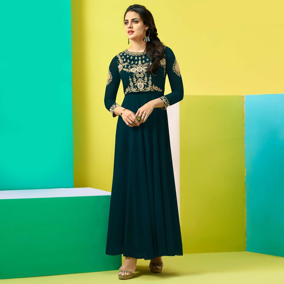 Prominent Teal Blue Colored Party Wear Embroidered Faux Georgette Kurti
