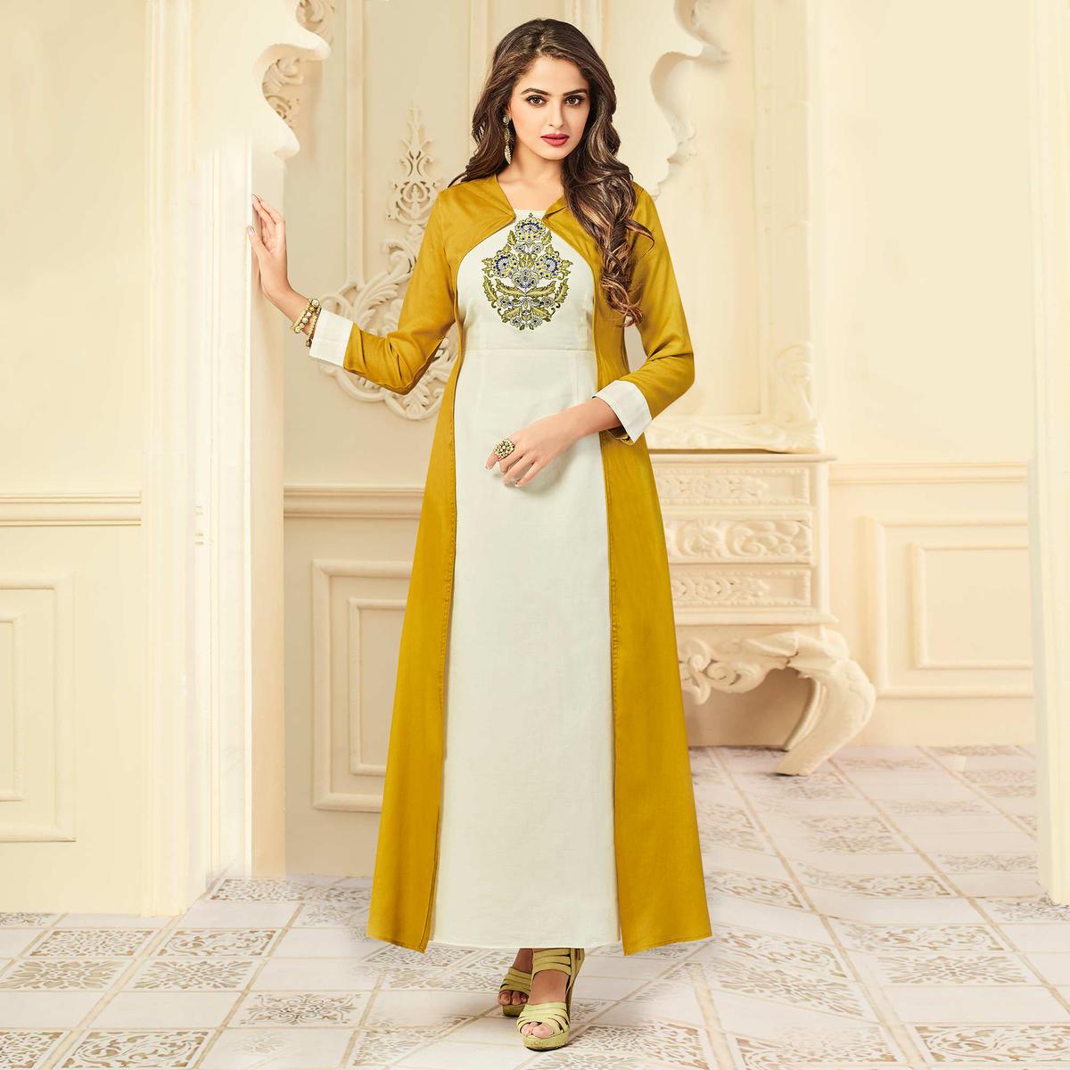 Intricate White-Mustard Yellow Colored Party Wear Floral Embroidered Rayon Kurti
