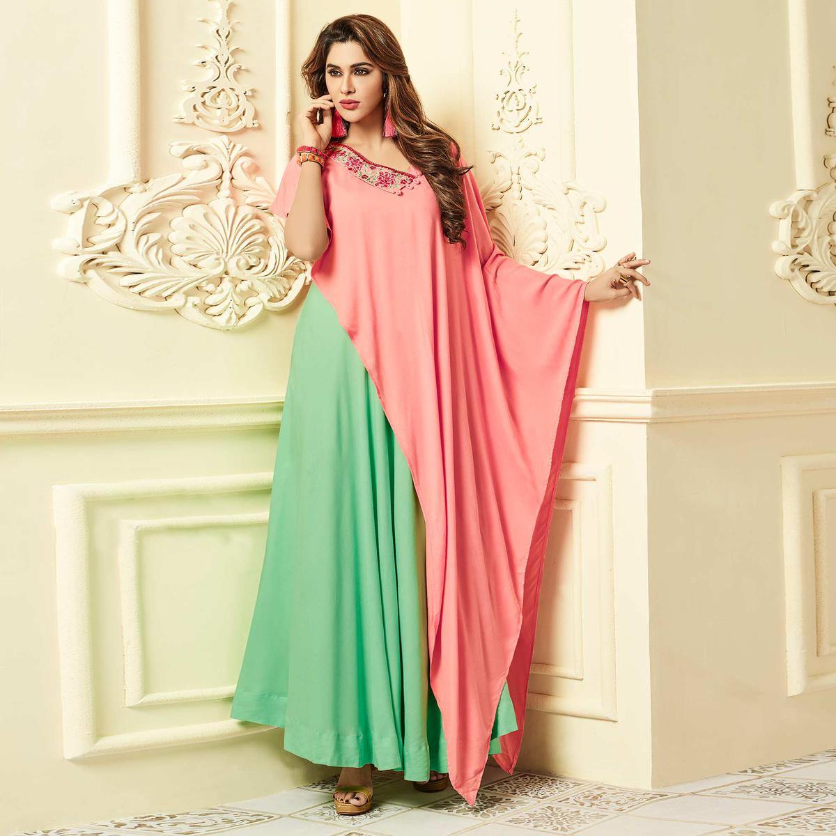 Appealing Green-Pink Colored Party Wear Floral Embroidered Rayon Kurti