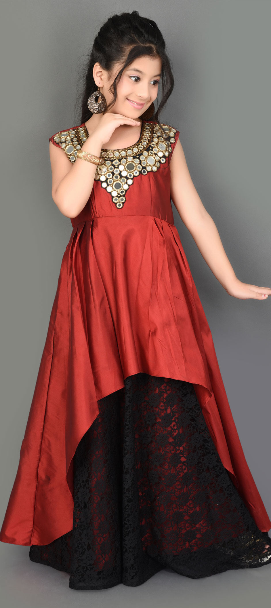 Taffeta Silk Girls Gown in Red and Maroon with Patch work