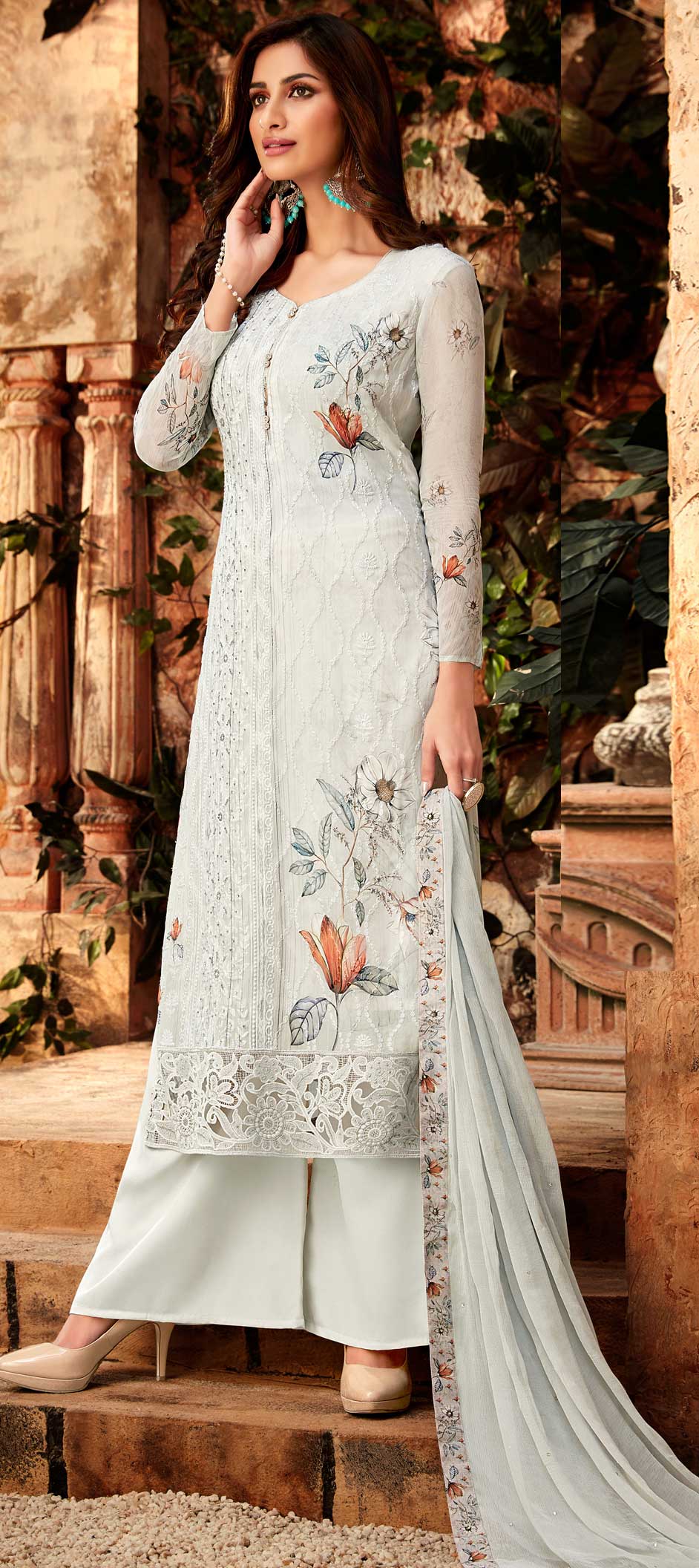 Bemberg Party Wear Salwar Kameez in White and Off White with Printed work