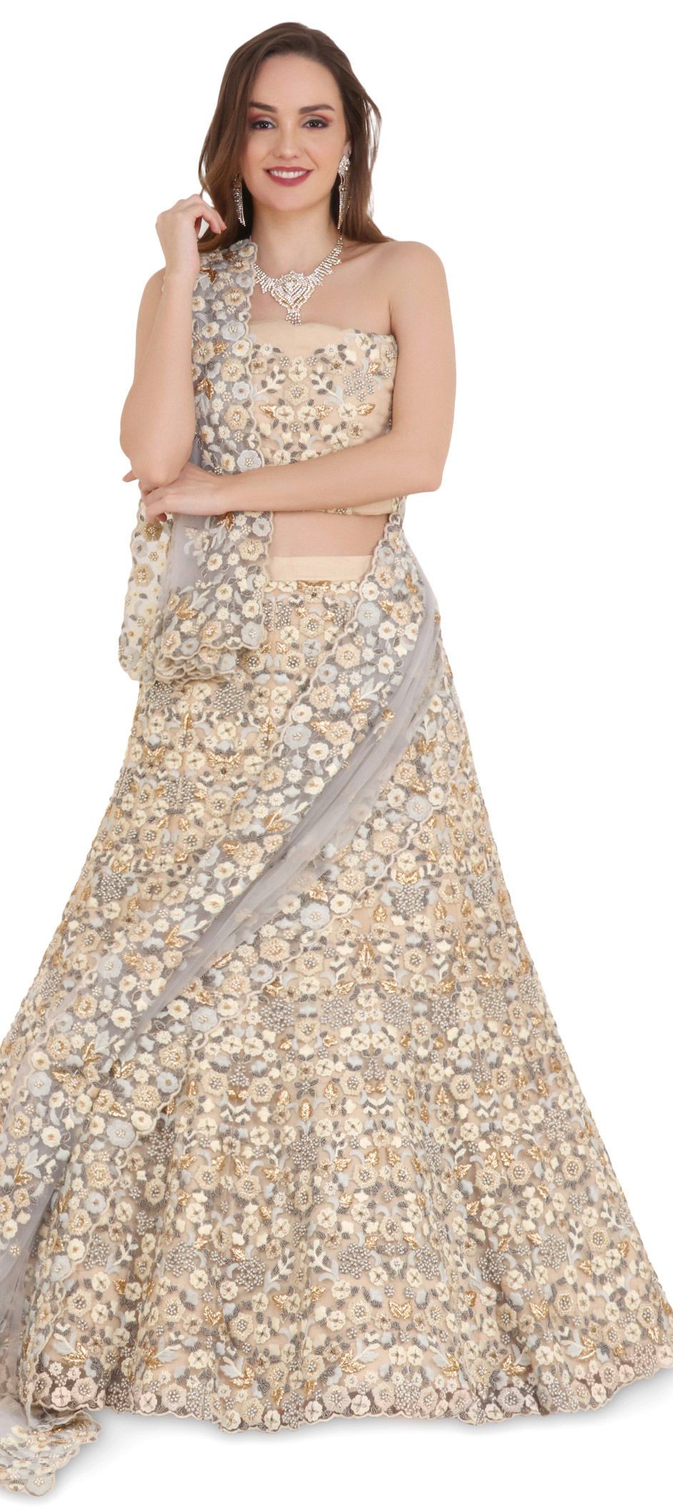Net Bridal Lehenga in Black and Grey with Thread work