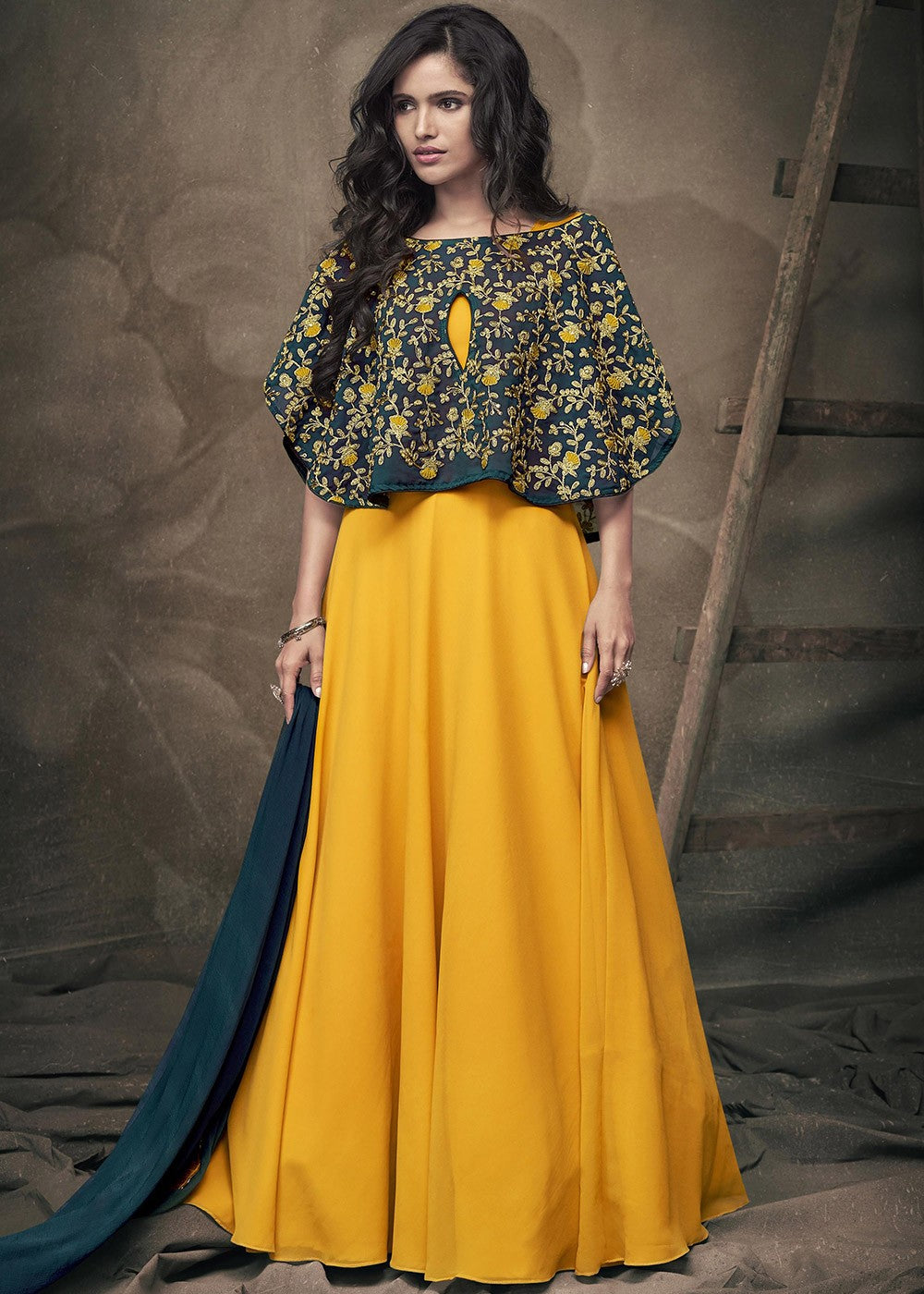 Yellow Cape Style Gown With Dupatta