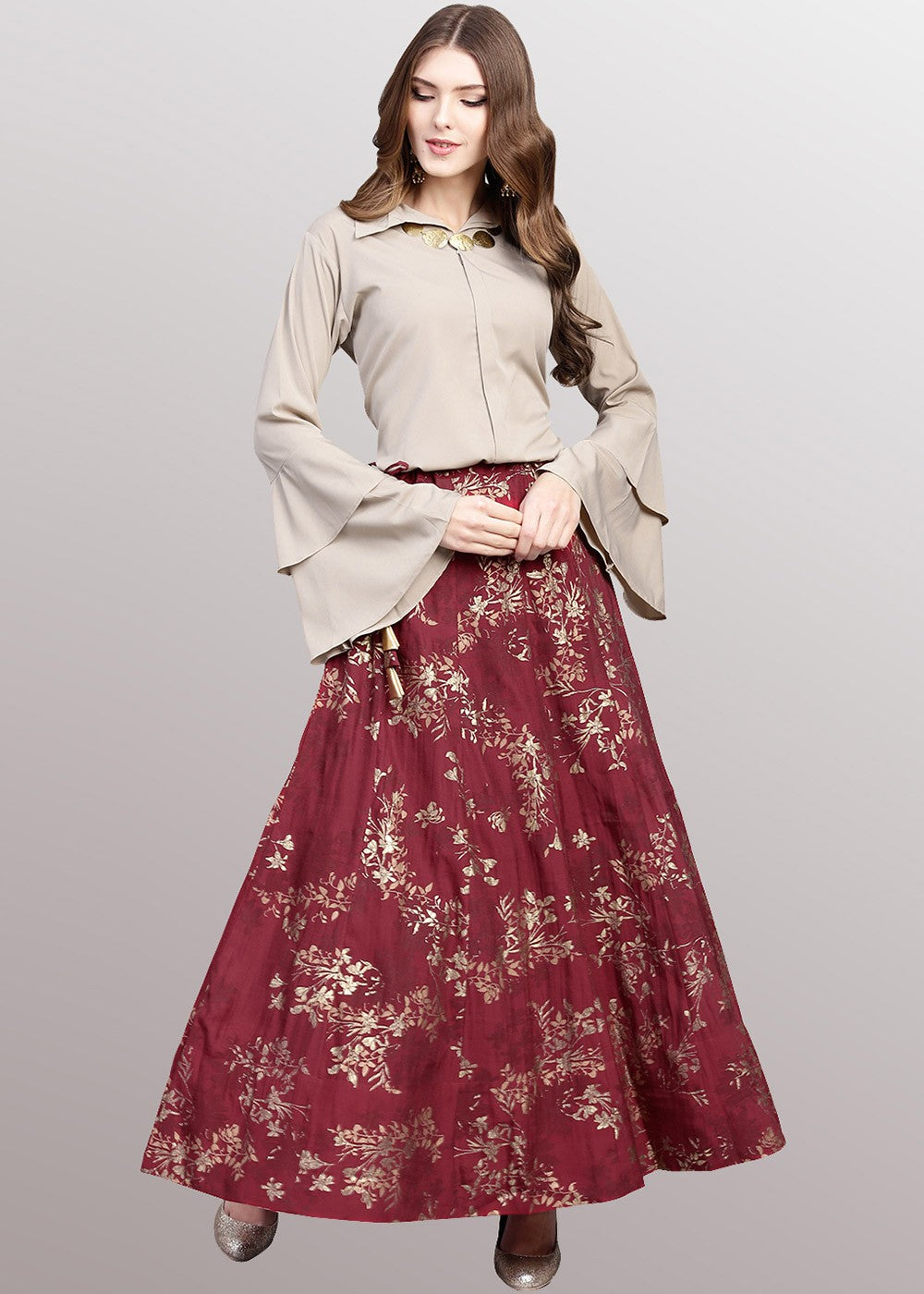 Beige Readymade Shirt With Maroon Skirt