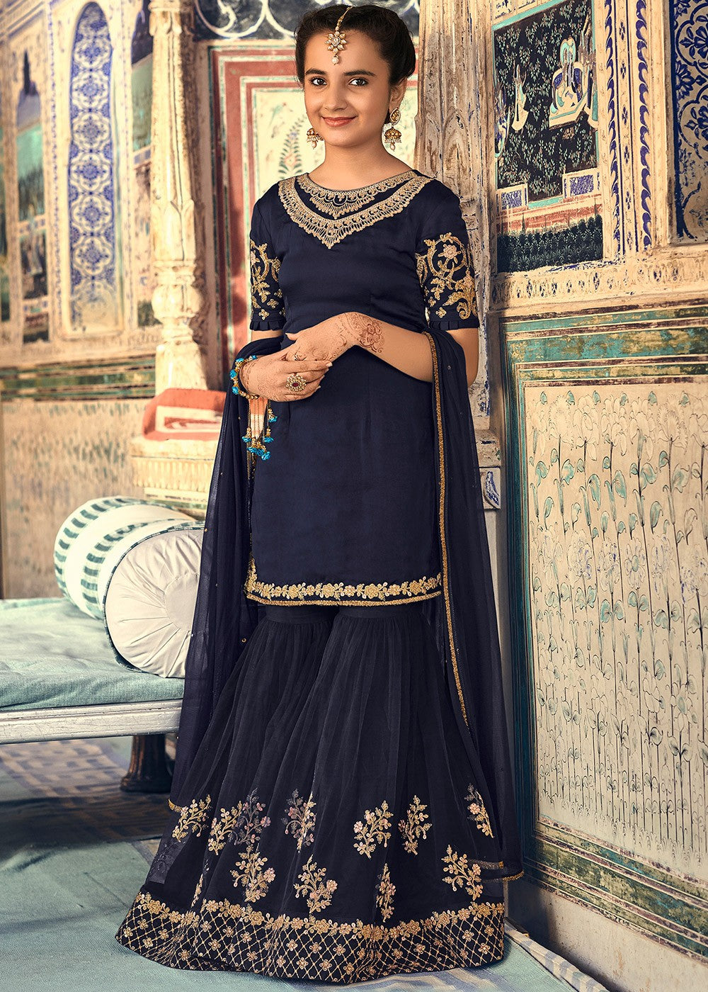 Navy Blue Straight Cut Embroidered Sharara Kids Suit