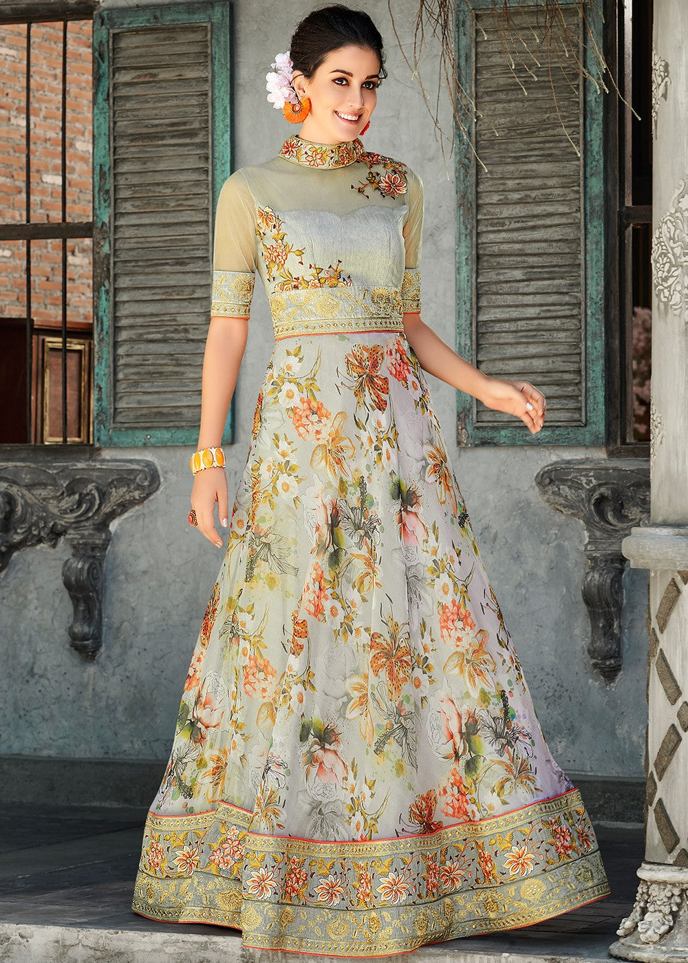 Grey Floral Digital Print Organza Silk Readymade Gown