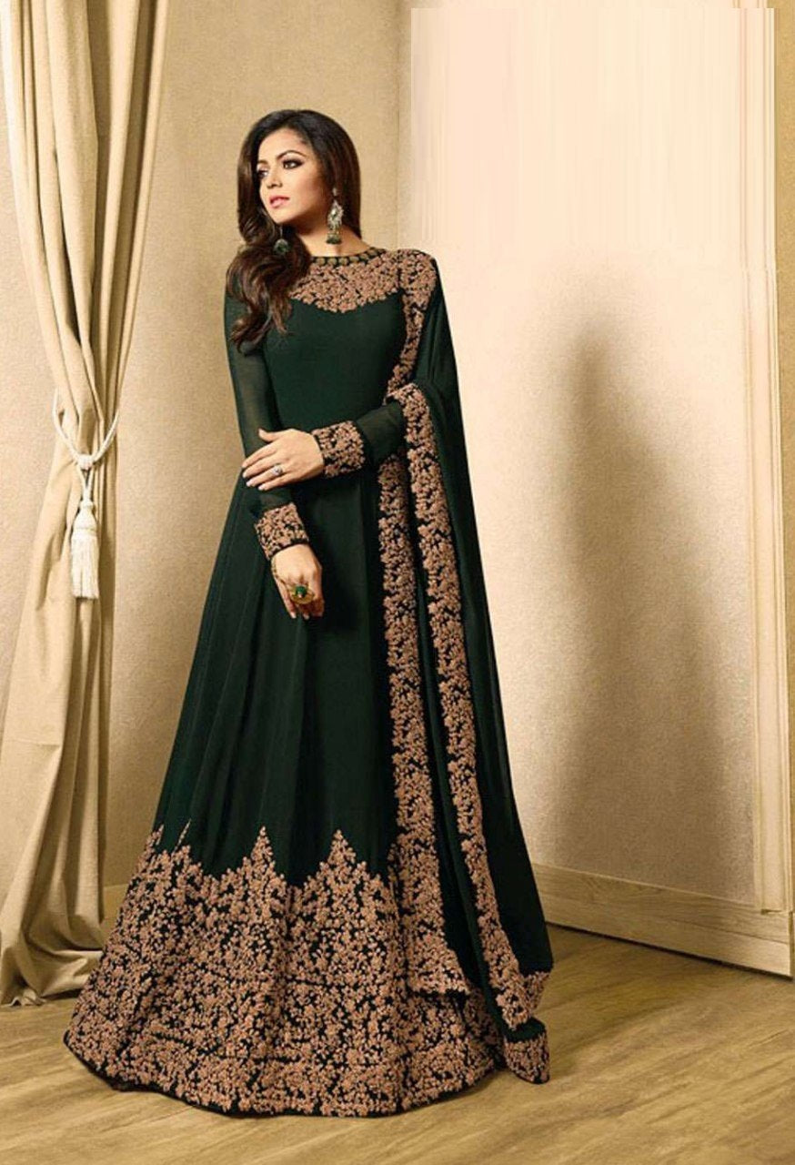 Green Georgette Embroidered Ready made Anarkali Gown for women