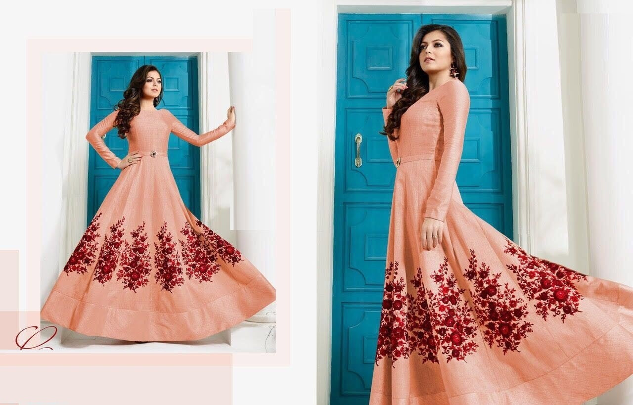 Ready Made Peach Color Fantam Embroidered Long Anarkali Gown