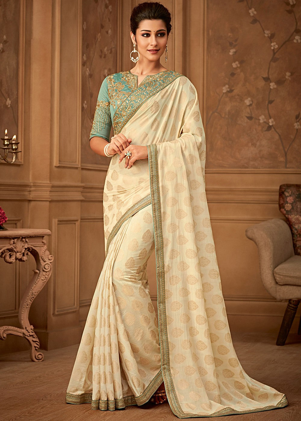 Cream Banarasi Silk Saree With Embroidered Blouse