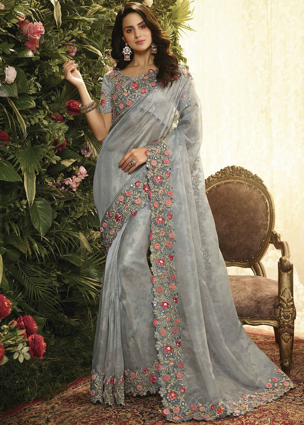 Grey Floral Embroidered Heavy Border Saree