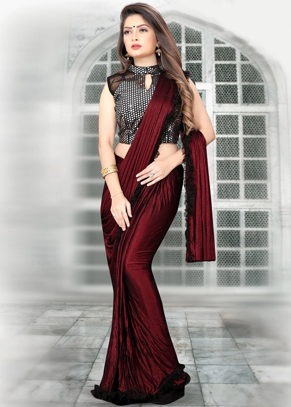 Maroon Frilled Border Pre-Stitched Lycra Saree