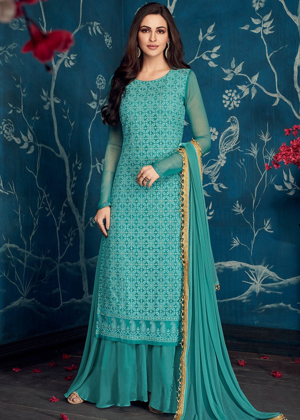 Readymade Light Blue Embroidered Palazzo Suit