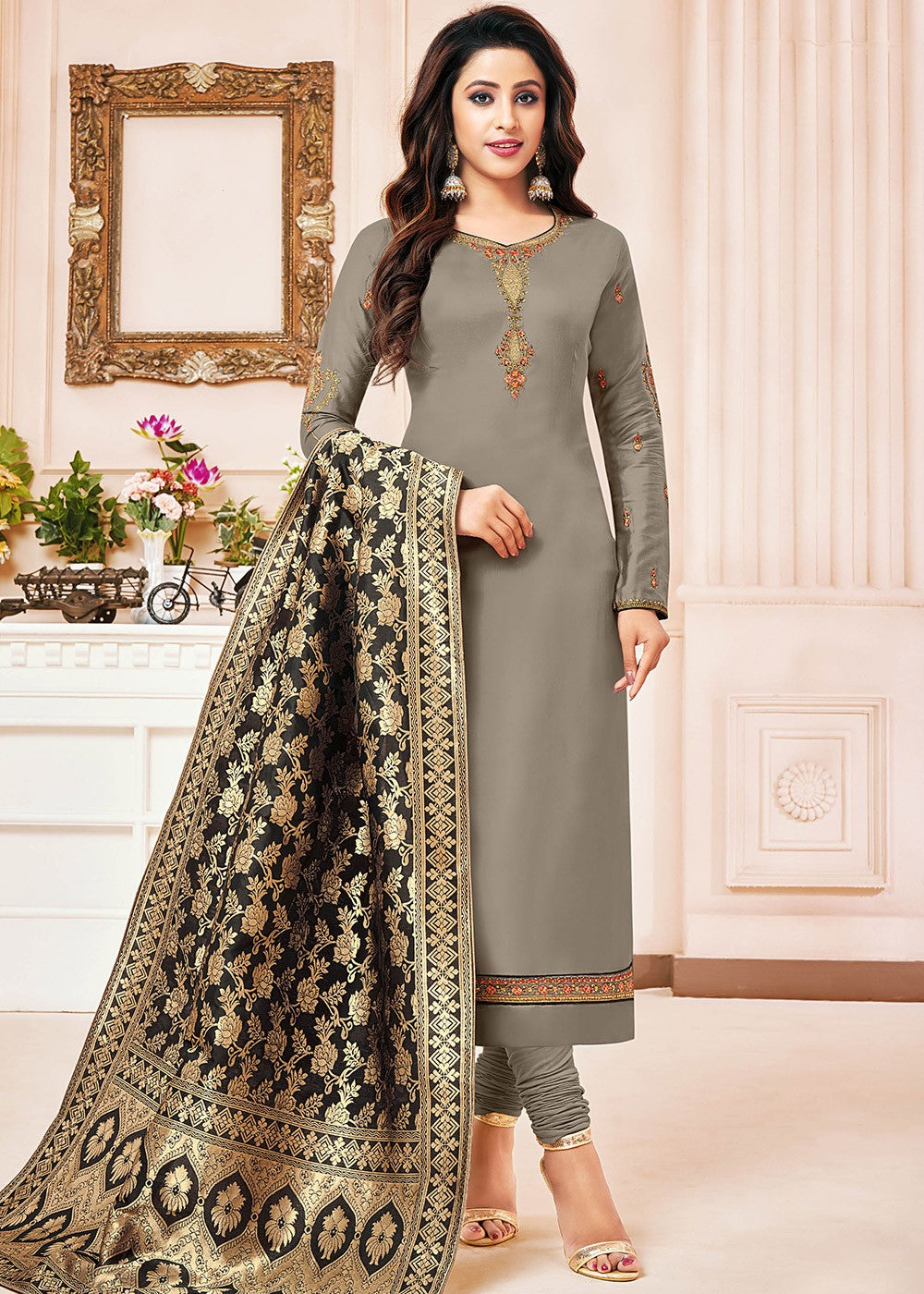 Grey Embroidered Salwar Suit With Dupatta