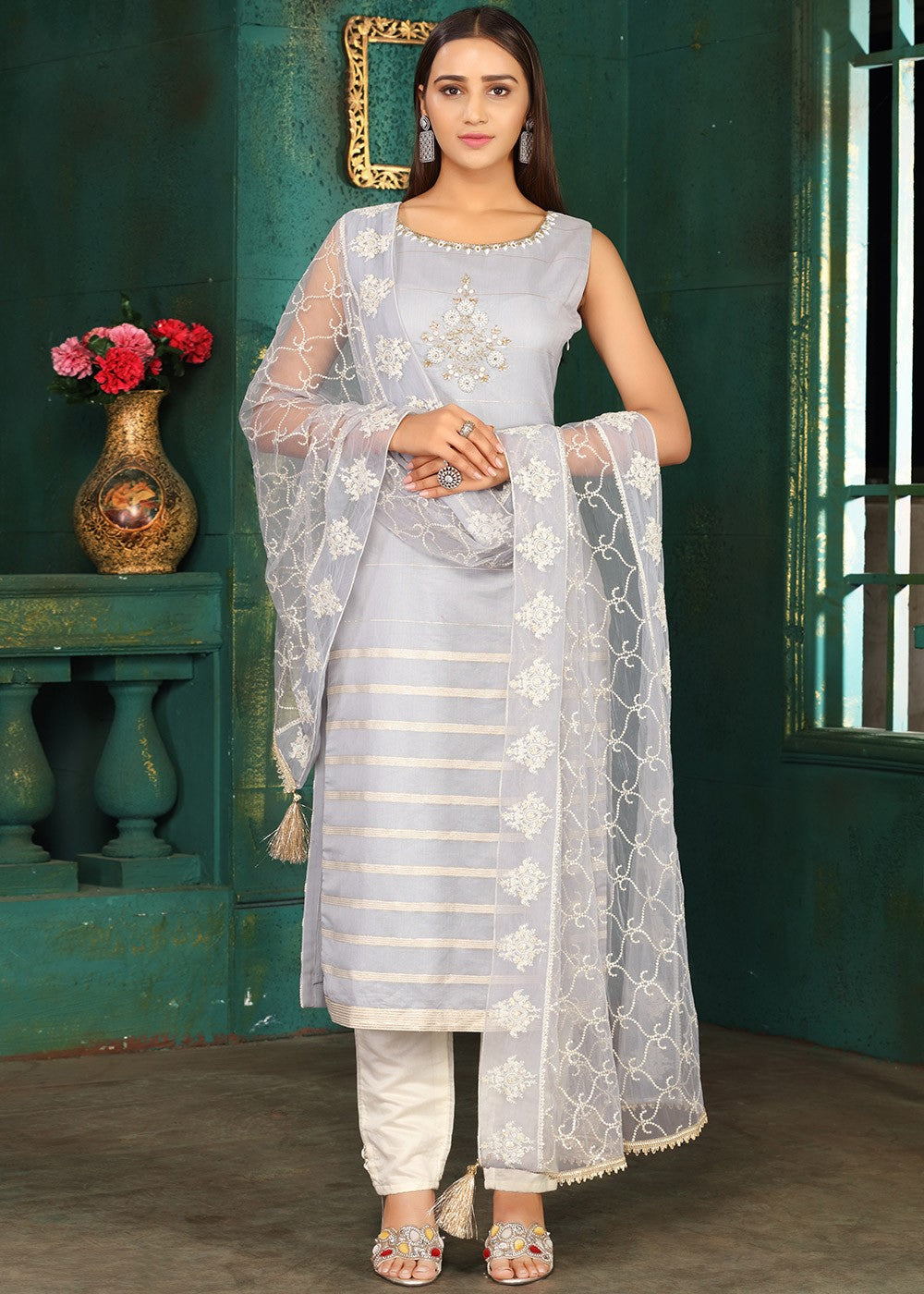 Grey Readymade Embroidered Pant Salwar Suit