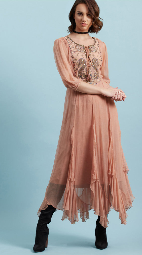 OLD PINK EMBROIDERD RUFFLED DRESS