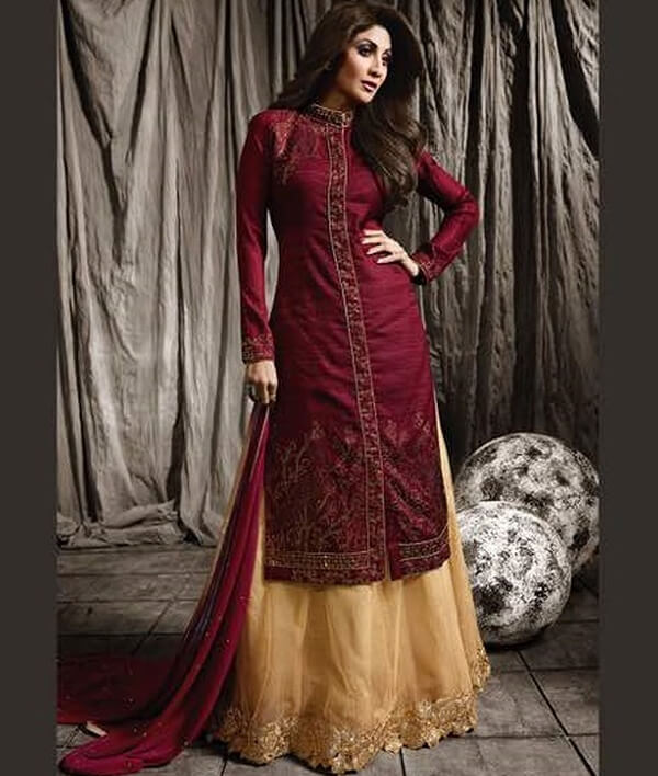 Style Amaze Gorgeous Maroon & Beige Color Silk With Net Indo-Western Suit
