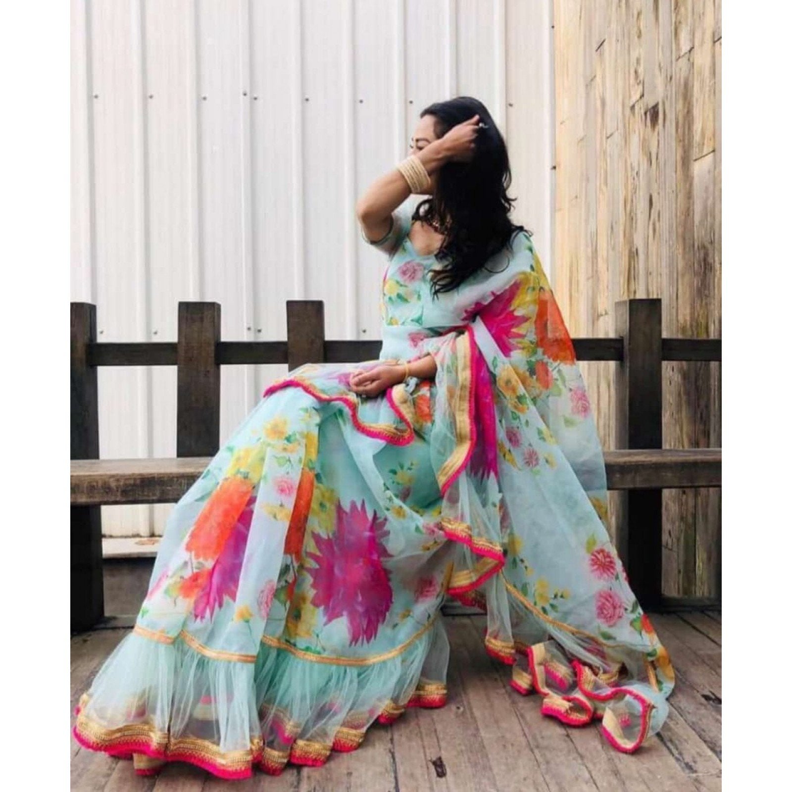 Party Wear Multi Color Frill Print Banglori Silk Saree