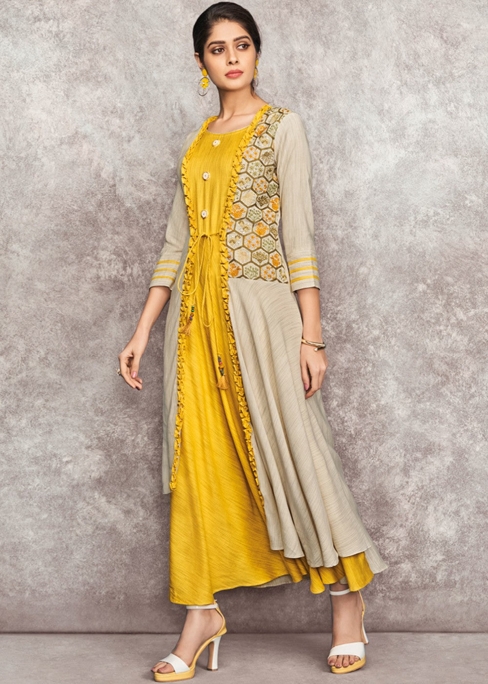Yellow Flared Readymade Dress With Jacket