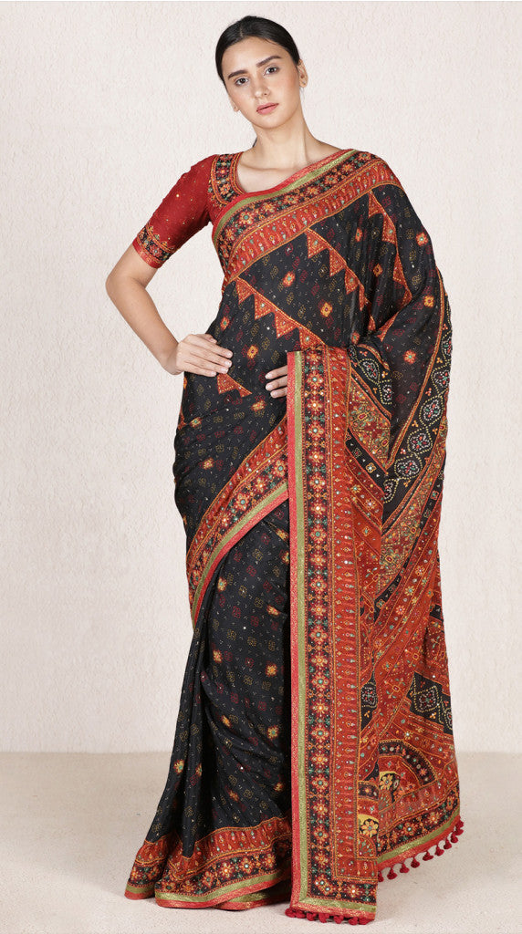 BLACK & RUST EMBROIDERED SAREE WITH UNSTITCHED BLOUSE