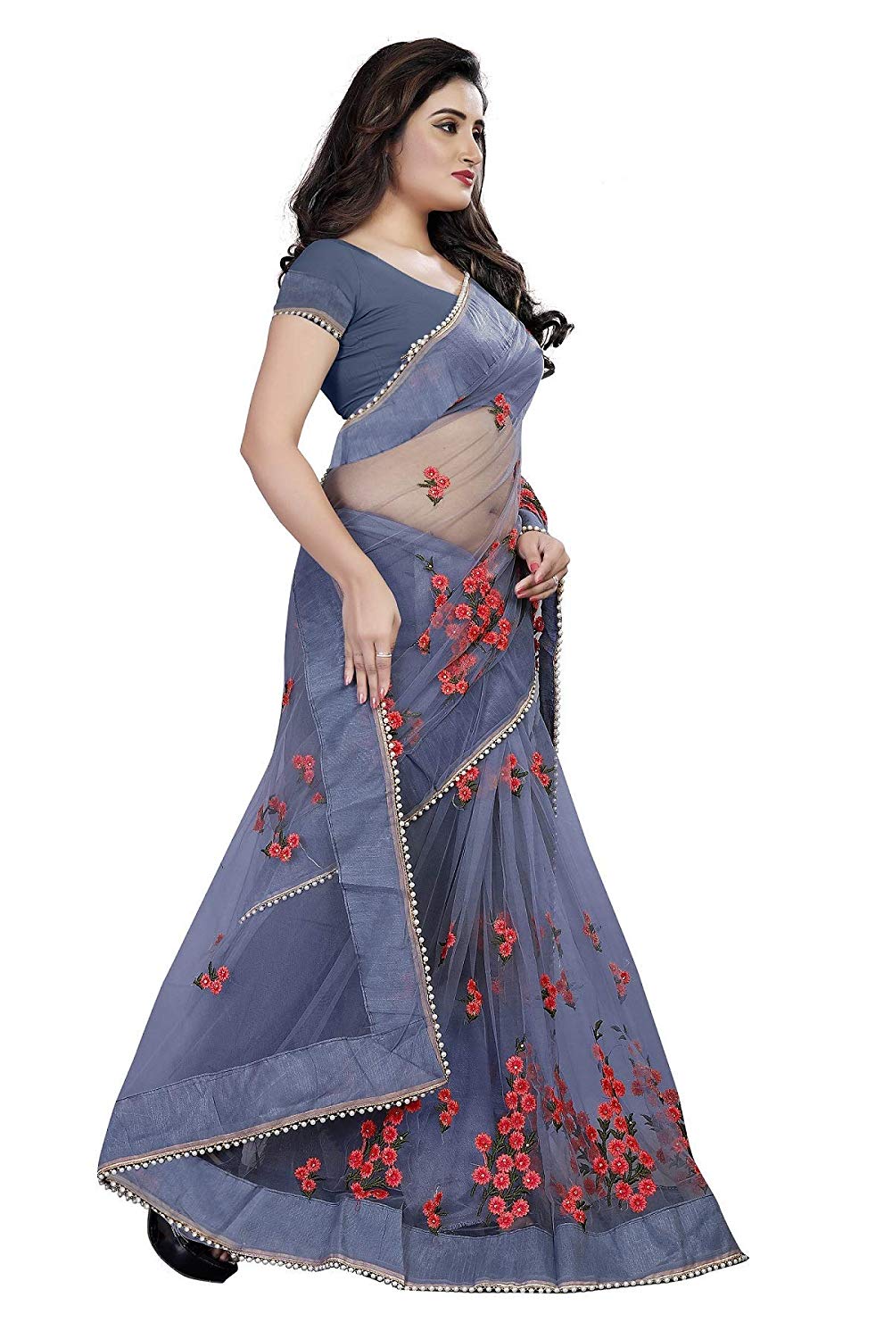 Women's Mono Net Embroidery Work Saree With Unstitched Blouse Piece