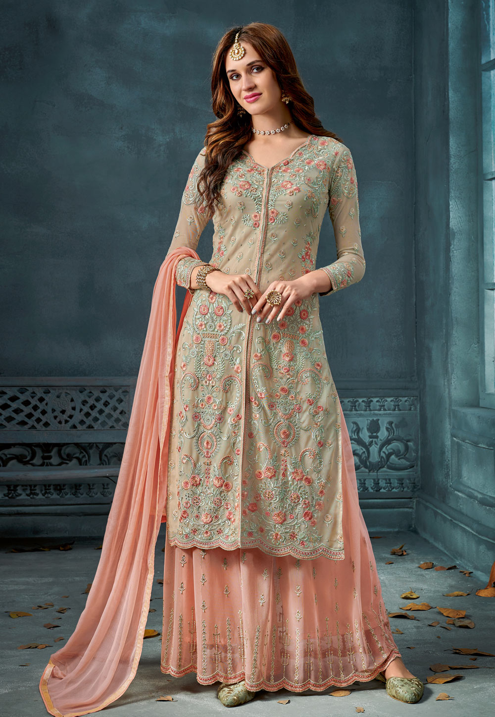 Beige Georgette Palazzo Style Suit