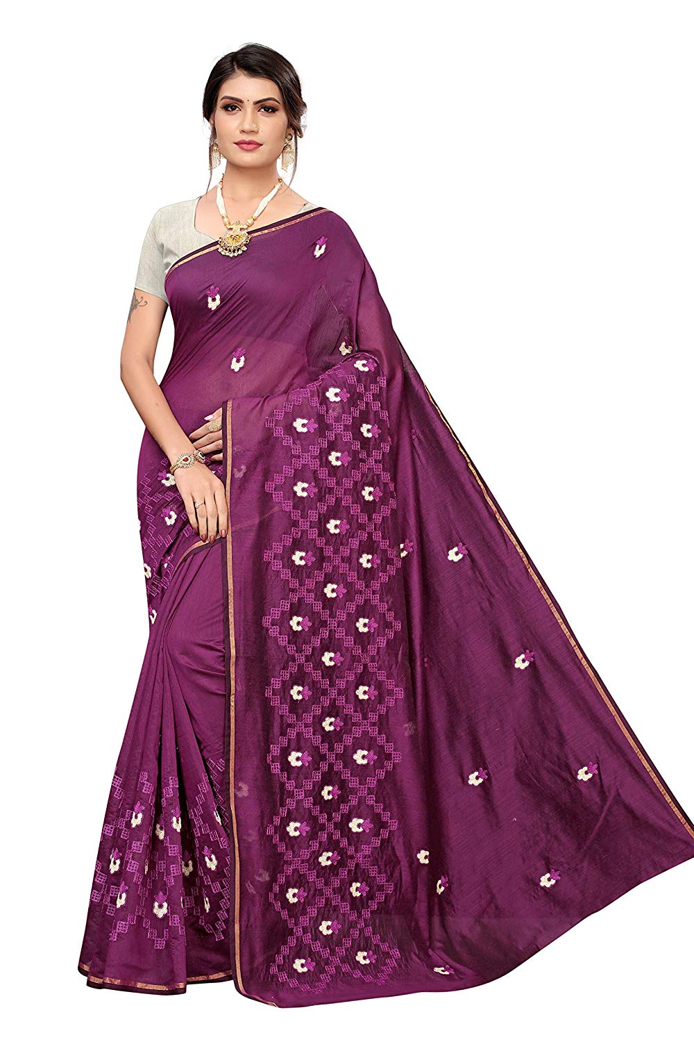 Women's Magenta Color Chanderi Embroided Style Saree With Blouse Piece(CHIKAN-WINE_Free Size)