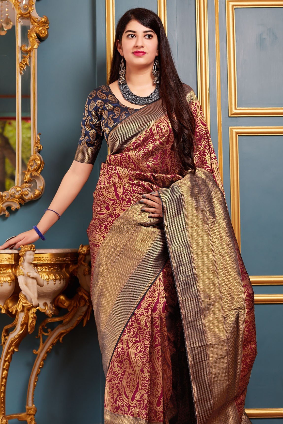 Banarasi Silk Maroon Weaving With Jacquard Work Saree