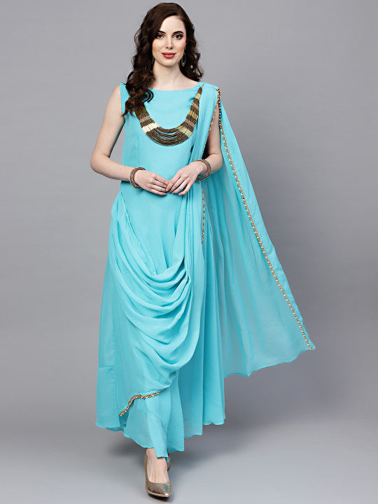 Women Turquoise Blue Solid Maxi Dress with Attached Pallu & Necklace