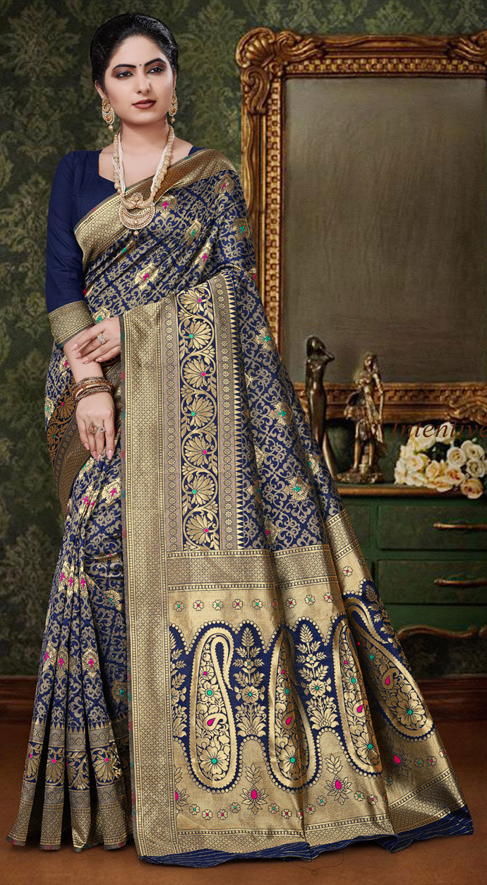 Art Silk Traditional Saree in Blue with Weaving work