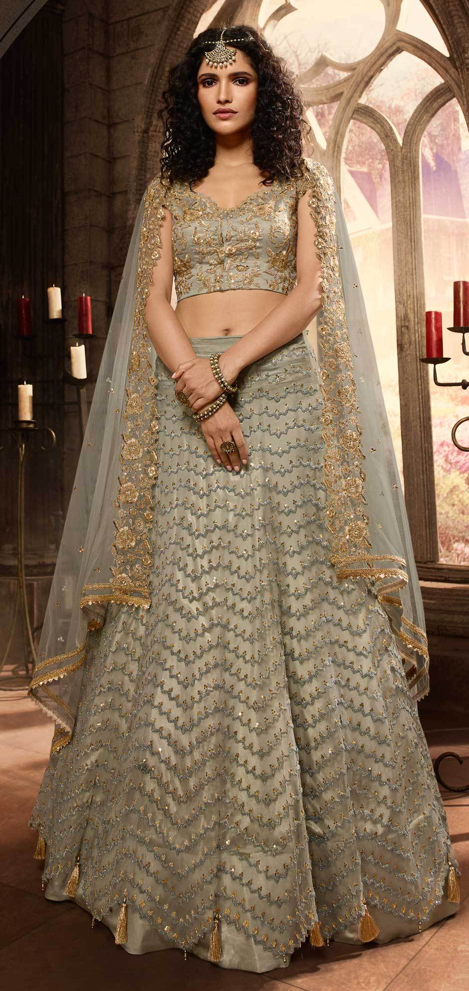 Net Bollywood Lehenga in Black and Grey with Sequence work